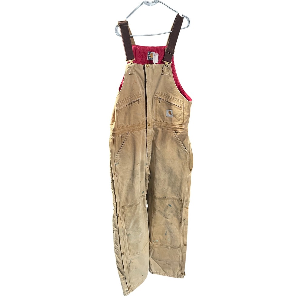 Carhartt Mens 34x30 Tan Quilt Lined Duck Bib Overalls Distressed Double Knee R06